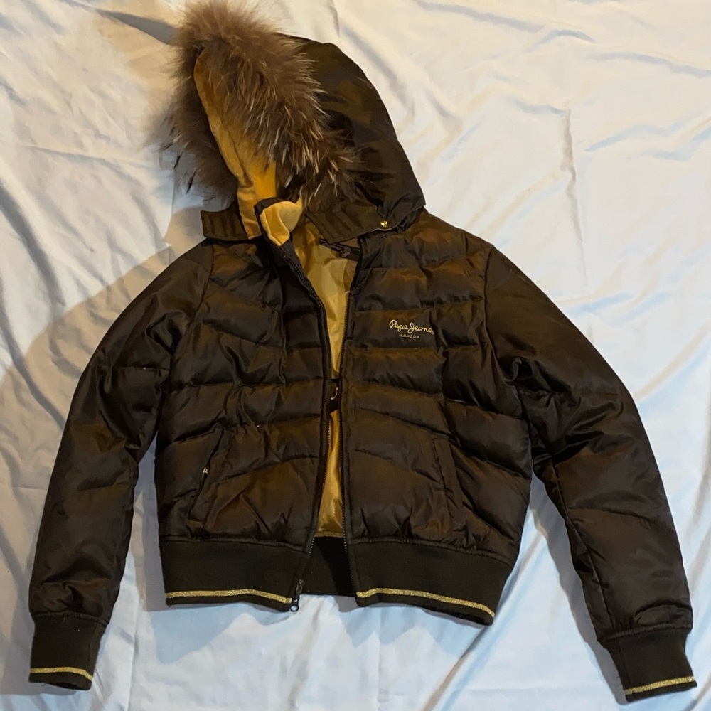 Vintage Brown and Gold Pepe Jeans Puffer Jacket With Real Coyote Fur.